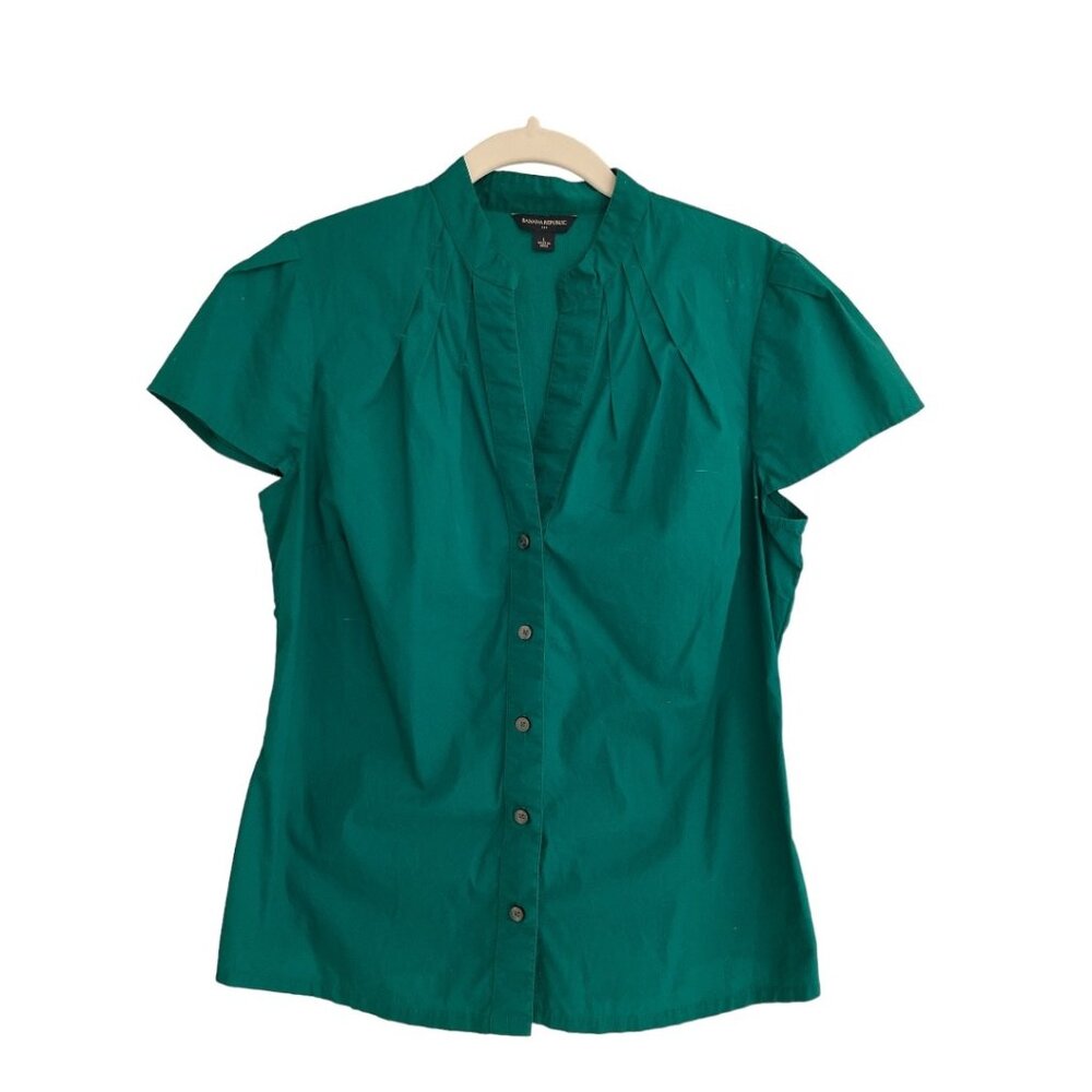 Banana Republic Top Womens L Green Short Cap Sleeve Button Up Cotton Blouse
